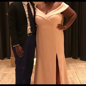 PLUS- Xscape off the shoulder front slit dress